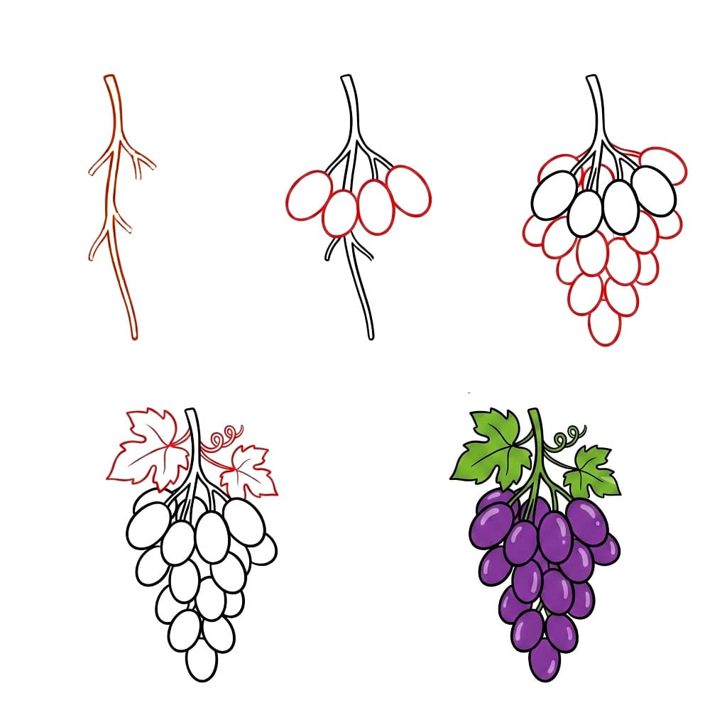 Dibujos de Racimo de uvas con hojas verdes
