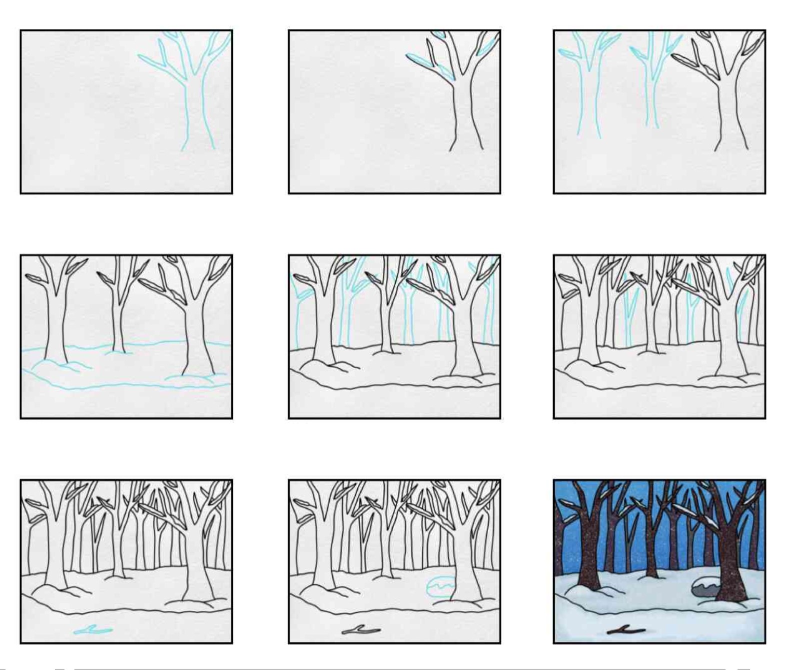 Dibujos de Un bosque en la noche